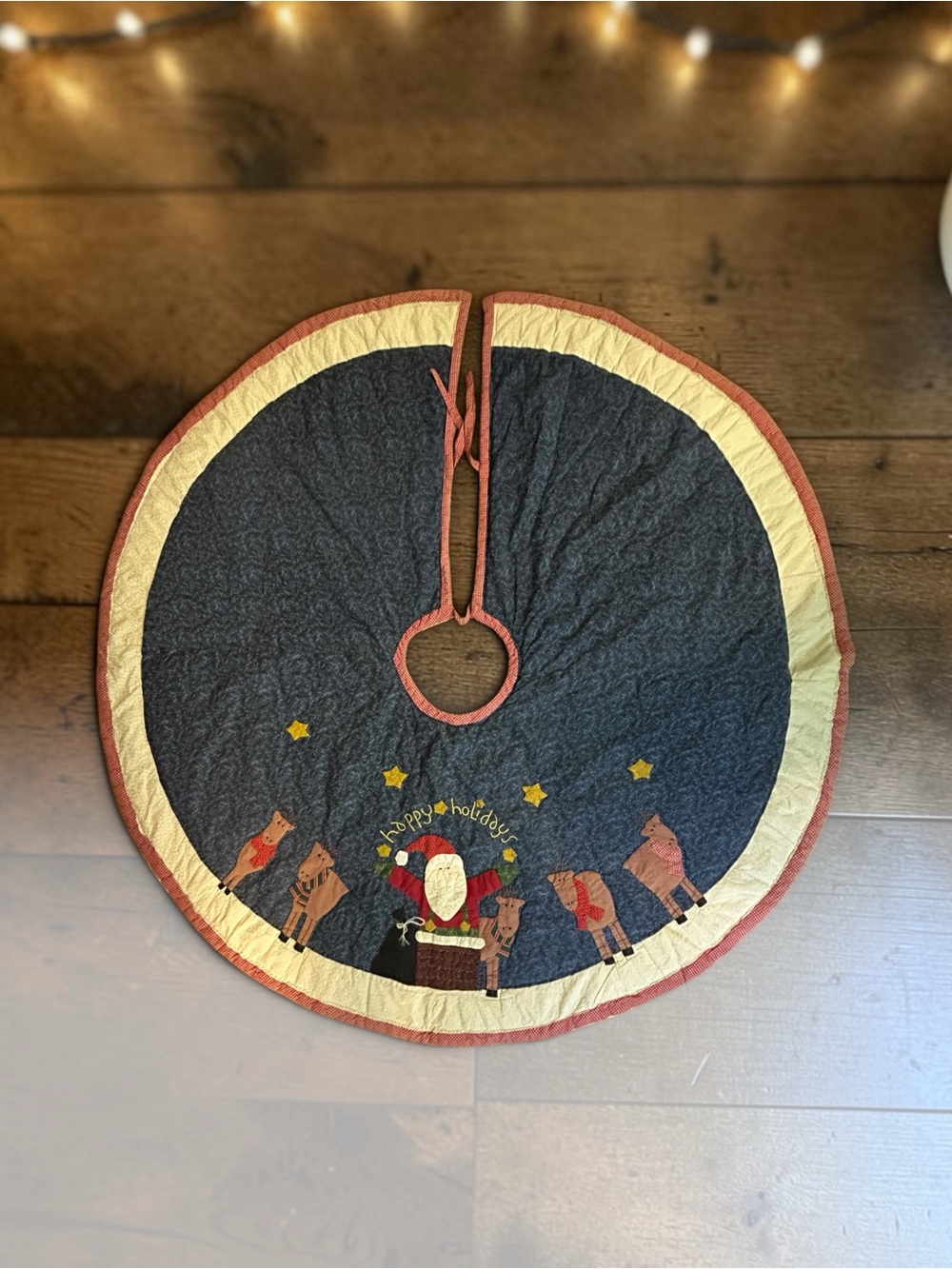 Quilted Christmas Tree Skirt 54” Santa Reindeer Primitive Folk Art Holiday